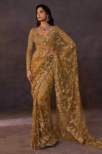 Olive gold butterfly net heavy sequins embroidered saree with embroidered net blouse