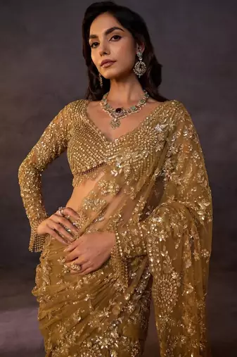 Olive gold butterfly net heavy sequins embroidered saree with embroidered net blouse
