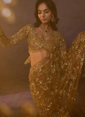 Olive gold butterfly net heavy sequins embroidered saree with embroidered net blouse 4