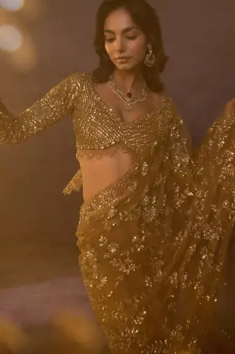 Olive gold butterfly net heavy sequins embroidered saree with embroidered net blouse