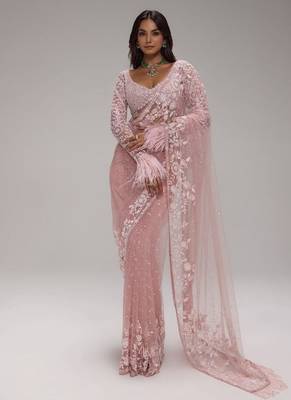 Baby pink butterfly net heavy sequins embroidered saree with embroidered net blouse 1