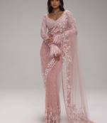 Baby pink butterfly net heavy sequins embroidered saree with embroidered net blouse