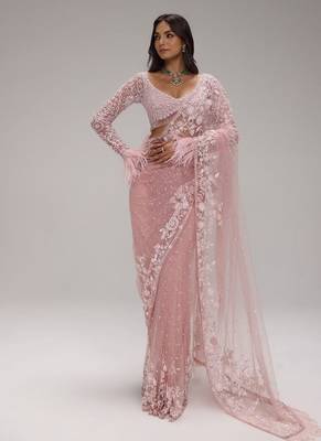 Baby pink butterfly net heavy sequins embroidered saree with embroidered net blouse 2
