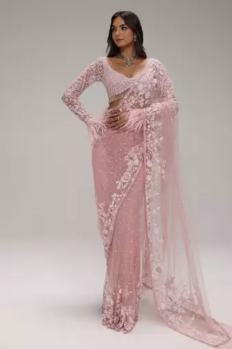Baby pink butterfly net heavy sequins embroidered saree with embroidered net blouse