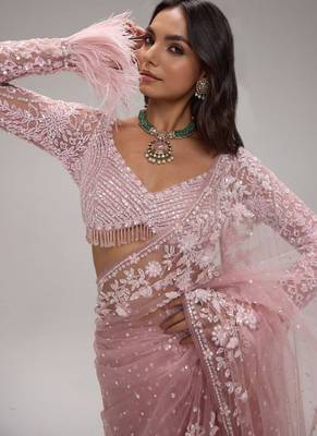 Baby pink butterfly net heavy sequins embroidered saree with embroidered net blouse 3