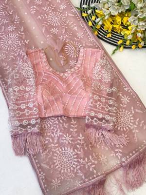 Baby pink butterfly net heavy sequins embroidered saree with embroidered net blouse 4
