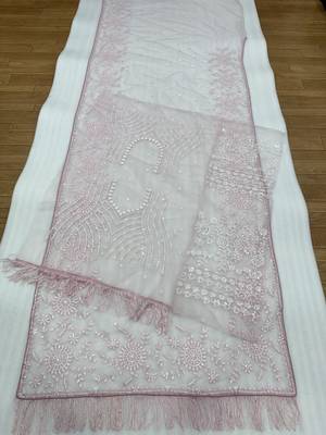 Baby pink butterfly net heavy sequins embroidered saree with embroidered net blouse 5