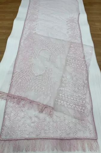 Baby pink butterfly net heavy sequins embroidered saree with embroidered net blouse
