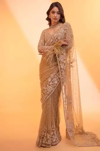 Golden beige heavy butterfly net saree with 5mm sequins & multi thread embroidery work unstitched blouse