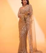 Golden beige heavy butterfly net saree with 5mm sequins & multi thread embroidery work unstitched blouse