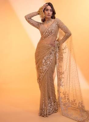Golden beige heavy butterfly net saree with 5mm sequins & multi thread embroidery work unstitched blouse 2