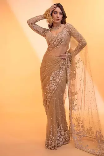 Golden beige heavy butterfly net saree with 5mm sequins & multi thread embroidery work unstitched blouse