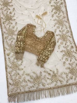 Golden beige heavy butterfly net saree with 5mm sequins & multi thread embroidery work unstitched blouse 4