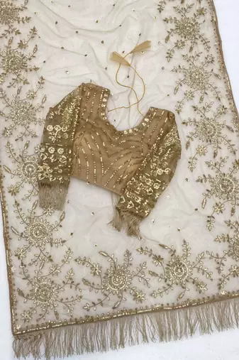 Golden beige heavy butterfly net saree with 5mm sequins & multi thread embroidery work unstitched blouse