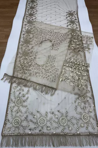 Golden beige heavy butterfly net saree with 5mm sequins & multi thread embroidery work unstitched blouse