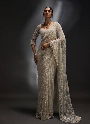 White heavy butterfly net saree with 5mm sequins & multi thread embroidery work unstitched blouse 1
