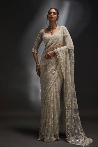 White heavy butterfly net saree with 5mm sequins & multi thread embroidery work unstitched blouse