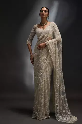 White heavy butterfly net saree with 5mm sequins & multi thread embroidery work unstitched blouse