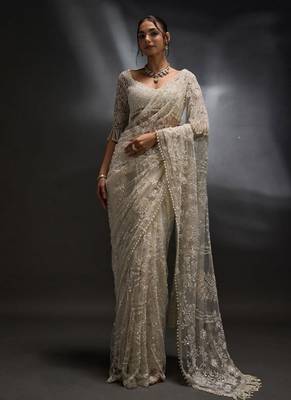 White heavy butterfly net saree with 5mm sequins & multi thread embroidery work unstitched blouse 2