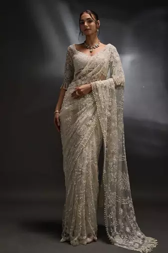White heavy butterfly net saree with 5mm sequins & multi thread embroidery work unstitched blouse