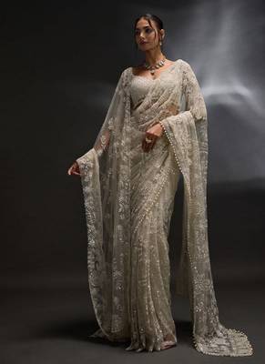 White heavy butterfly net saree with 5mm sequins & multi thread embroidery work unstitched blouse 3