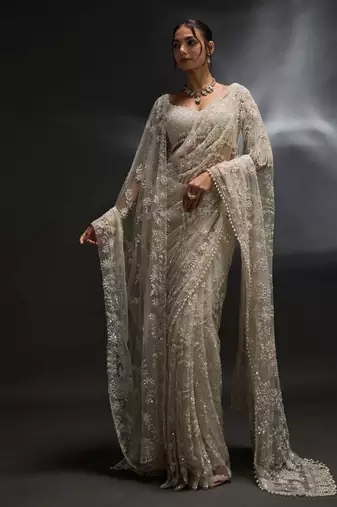 White heavy butterfly net saree with 5mm sequins & multi thread embroidery work unstitched blouse