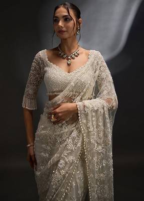 White heavy butterfly net saree with 5mm sequins & multi thread embroidery work unstitched blouse 4