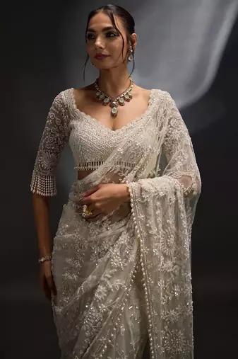 White heavy butterfly net saree with 5mm sequins & multi thread embroidery work unstitched blouse