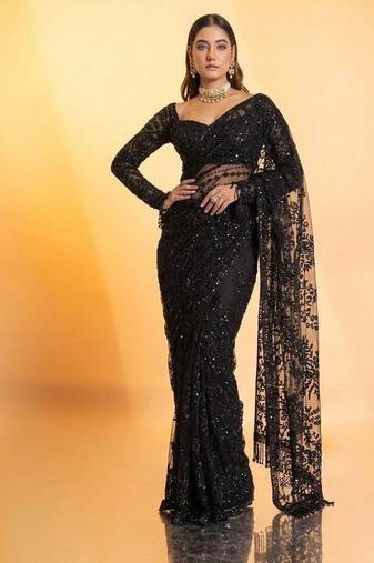 Black heavy butterfly net saree with 5mm sequins & multi thread embroidery work unstitched blouse