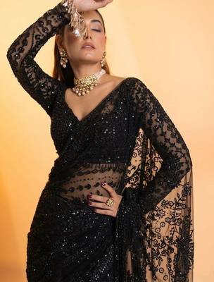 Black heavy butterfly net saree with 5mm sequins & multi thread embroidery work unstitched blouse 3