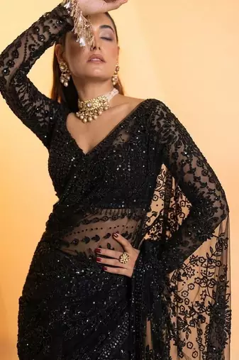 Black heavy butterfly net saree with 5mm sequins & multi thread embroidery work unstitched blouse