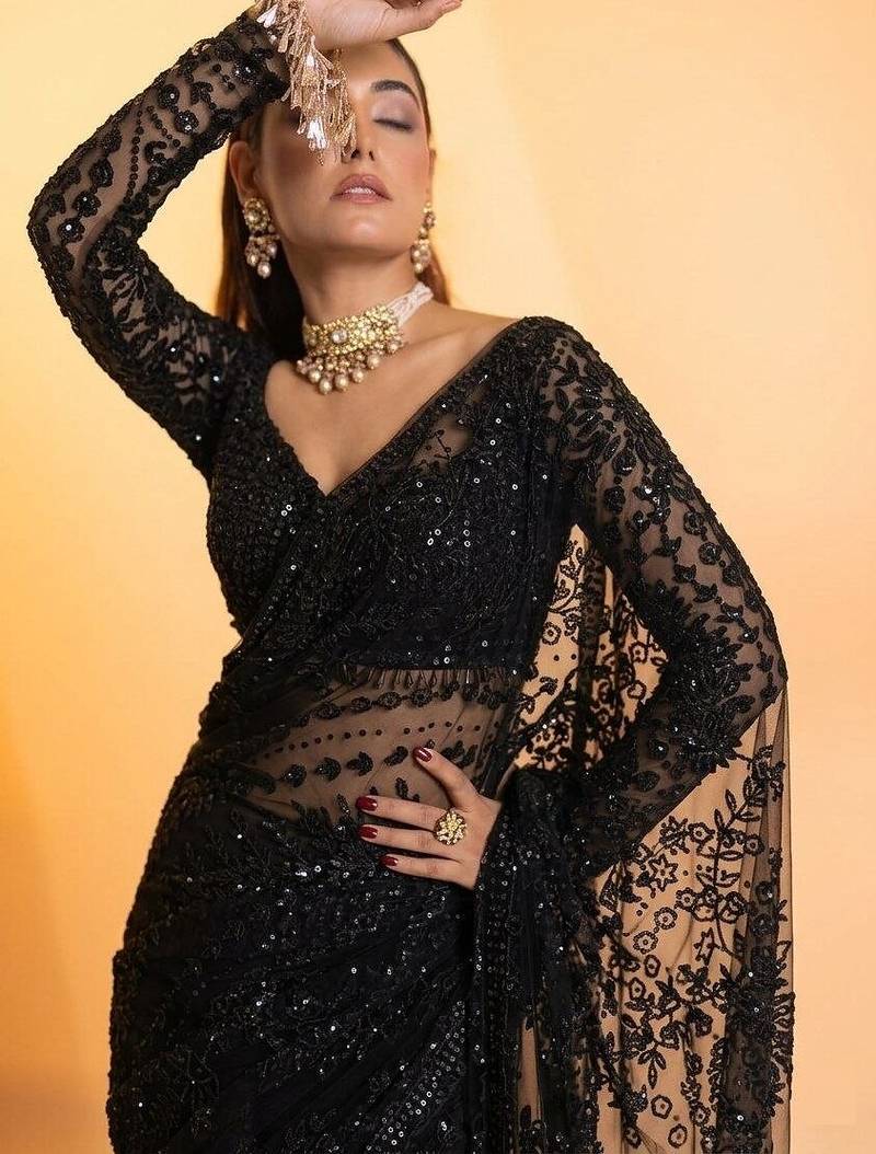 Black heavy butterfly net saree with 5mm sequins & multi thread embroidery work unstitched blouse