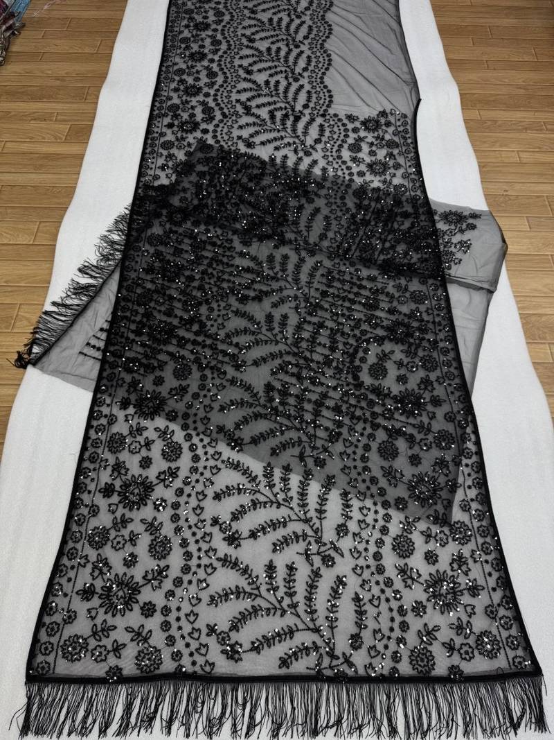 Black heavy butterfly net saree with 5mm sequins & multi thread embroidery work unstitched blouse