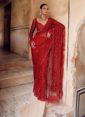 Red heavy butterfly net saree with 5mm sequins & multi thread embroidery work unstitched blouse 1