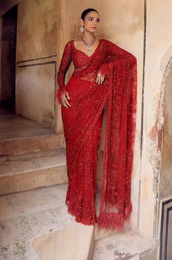 Red heavy butterfly net saree with 5mm sequins & multi thread embroidery work unstitched blouse