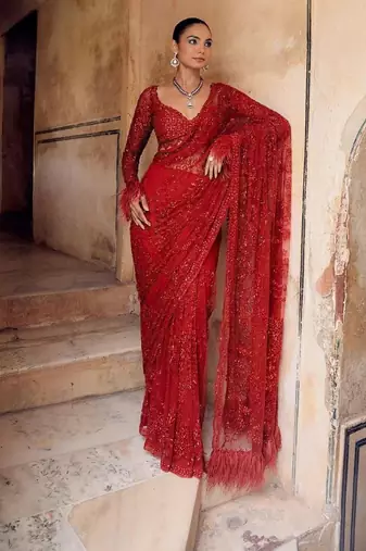 Red heavy butterfly net saree with 5mm sequins & multi thread embroidery work unstitched blouse