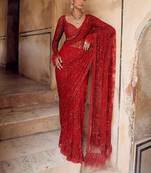 Red heavy butterfly net saree with 5mm sequins & multi thread embroidery work unstitched blouse