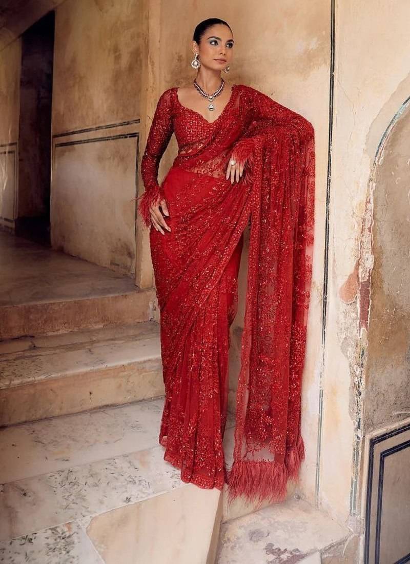 Red heavy butterfly net saree with 5mm sequins & multi thread embroidery work unstitched blouse