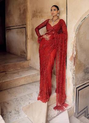 Red heavy butterfly net saree with 5mm sequins & multi thread embroidery work unstitched blouse 2