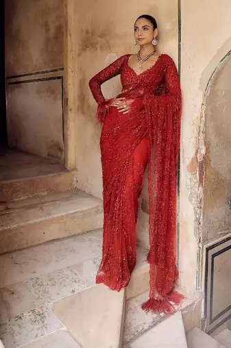 Red heavy butterfly net saree with 5mm sequins & multi thread embroidery work unstitched blouse