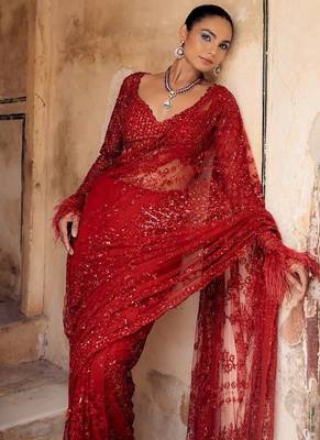 Red heavy butterfly net saree with 5mm sequins & multi thread embroidery work unstitched blouse 3