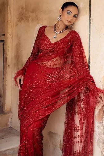 Red heavy butterfly net saree with 5mm sequins & multi thread embroidery work unstitched blouse