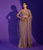 Taupe grey heavy butterfly net saree with 5mm sequins & multi thread embroidery work unstitched blouse
