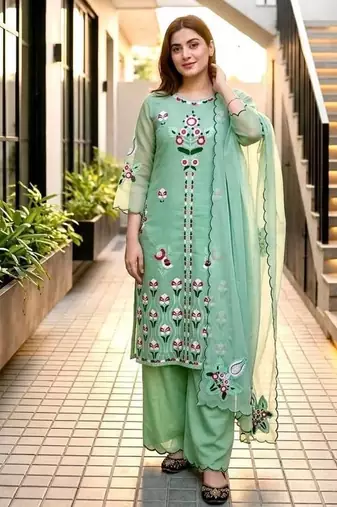 Sea Green Color Embroidery Work Silk Blend Salwar suit