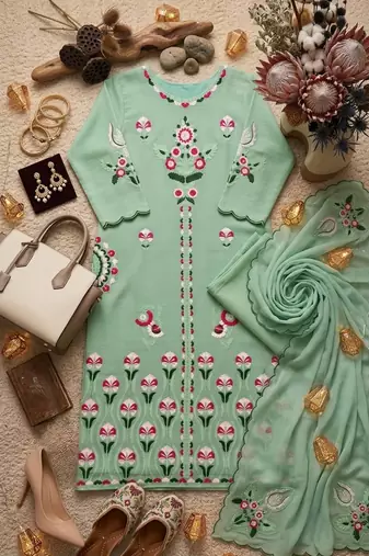 Sea Green Color Embroidery Work Silk Blend Salwar suit