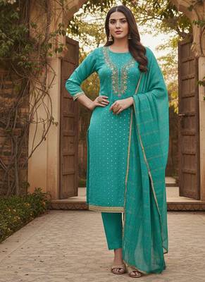 sea green weaved chanderi modal unstitched dress material  1