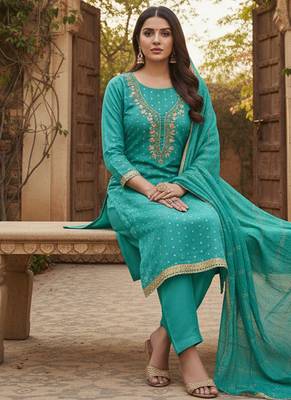 sea green weaved chanderi modal unstitched dress material  2