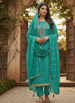 sea green weaved chanderi modal unstitched dress material  3