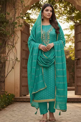 sea green weaved chanderi modal unstitched dress material 