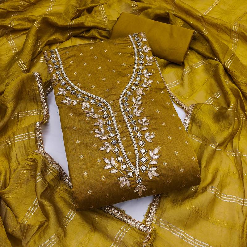 yellow weaved chanderi modal unstitched dress material 